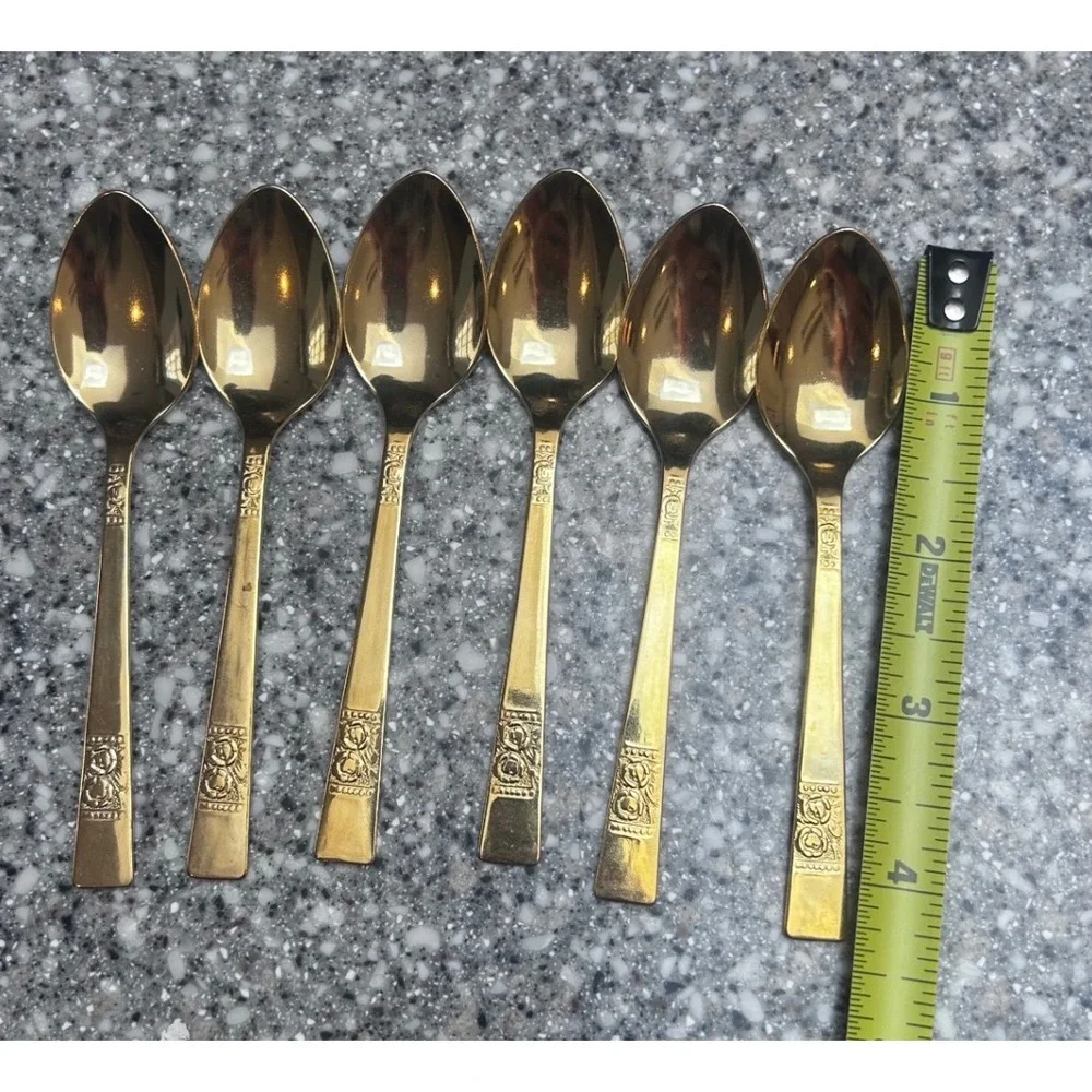 Vintage Gold Tone Stainless Steel Rose Floral Demitasse Set of 6 Japan 4.25